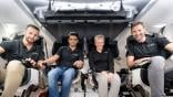 From left, Axiom Mission 4 crew members Tibor Kapu of Hungary, ISRO (Indian Space Research Organisation) astronaut Shubhanshu Shukla, former NASA astronaut Peggy Whitson, and ESA (European Space Agency) astronaut Sławosz Uznański-Wiśniewski of Poland. Credit: SpaceX
